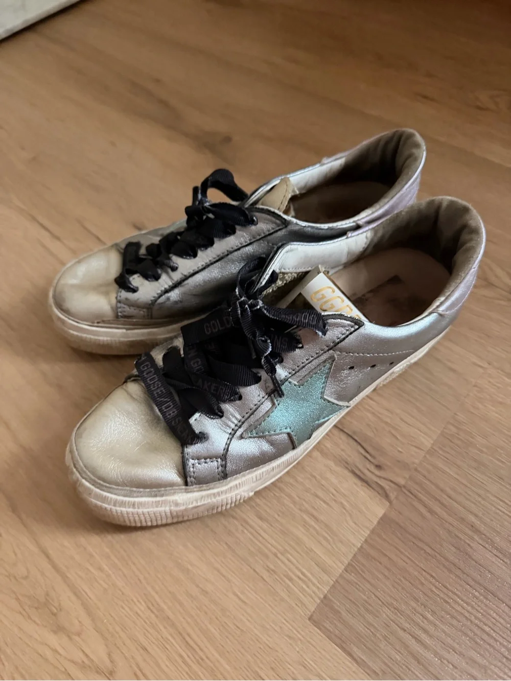 Golden Goose Metallic Silver Sneakers with Mint Green Star and Black Laces